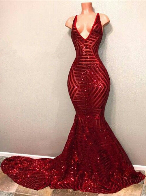 Red Sequin V-Neck Backless Mermaid Prom Dress, PD23050815