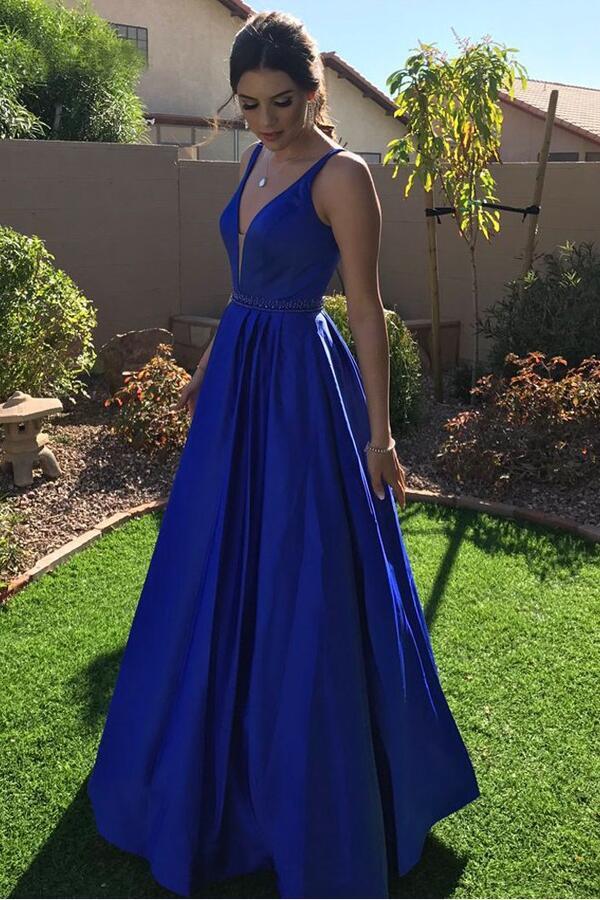 Royal Blue V-Neck A-Line Satin Long Prom Dress, PD2308257