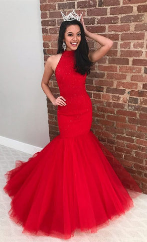 Red High Neck Sequin Tulle Mermaid Prom Dress, PD23050811