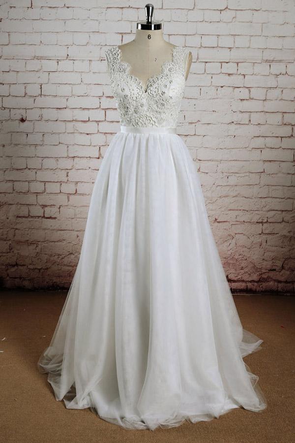 White Tulle Lace Halter V-Neck Wedding Dress with Sweep Train, WD2306278