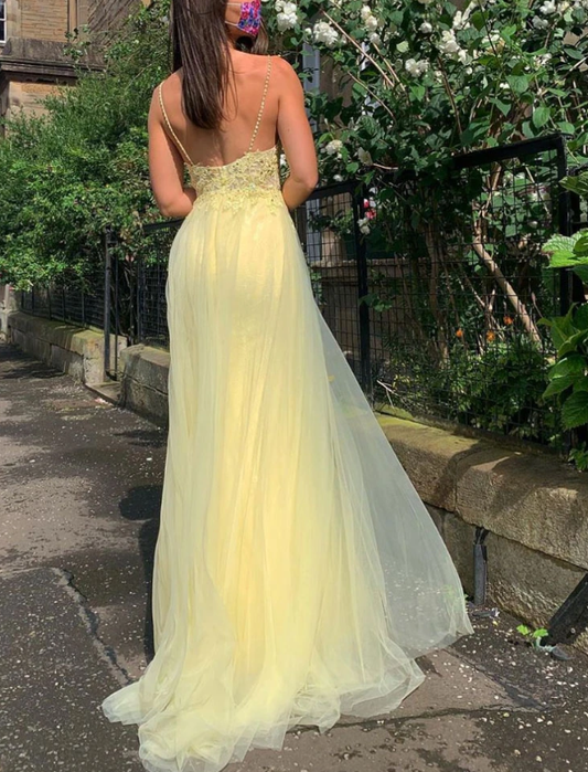 Yellow V-Neck Tulle Lace Long Prom Dress, PD2310178