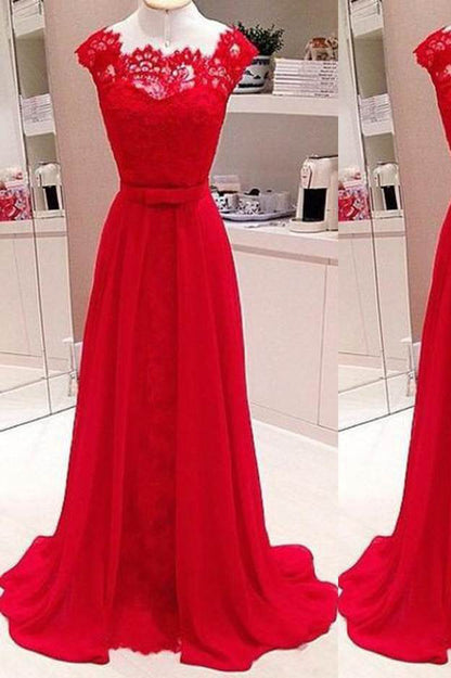 Chic Red Scalloped Neck A-Line Satin Prom Dress, PD2310301