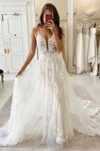 Ivory Tulle A-line Wedding Dress with V-neck and Spaghetti Straps, WD2311037