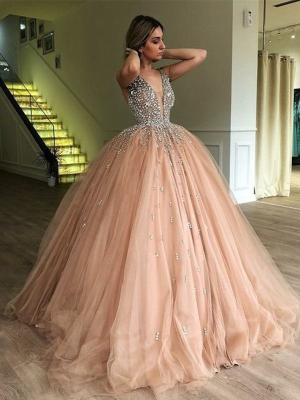 Dusty Rose Elegance V-Neck Beaded Tulle Ball Gown, PD2305133