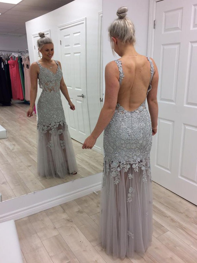 Affordable Sheath Silver Tulle Sweetheart Backless Lace Prom Dress, PD2308090