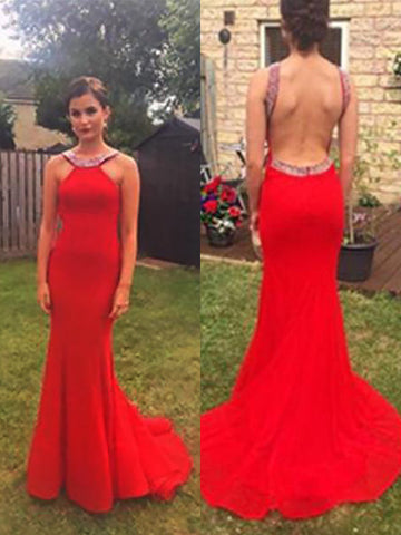 Satin Red Mermaid Jewel Prom Dress, Sleeveless with Backless Design and Rhinestone Accents, Simple Sexy Look, PD2404056