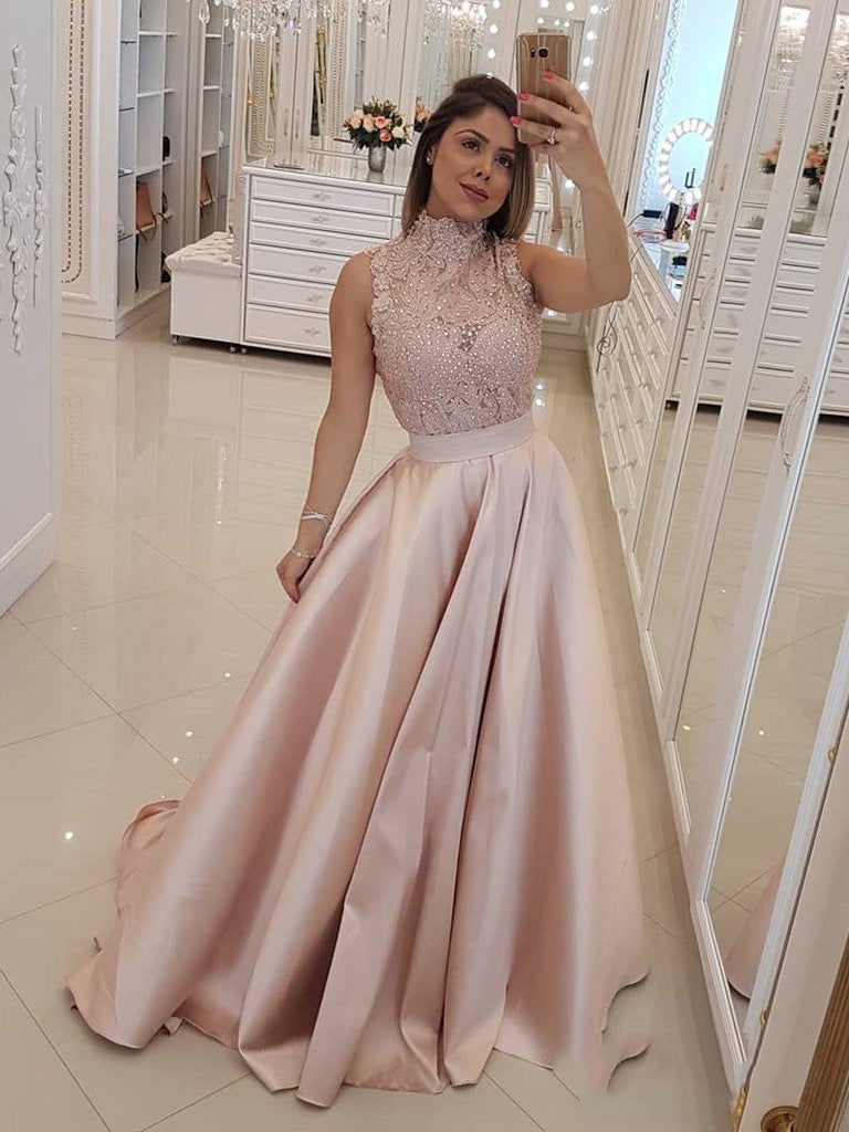 Dusty Rose A-Line Lace Sleeveless Satin Prom Dress, PD2310106