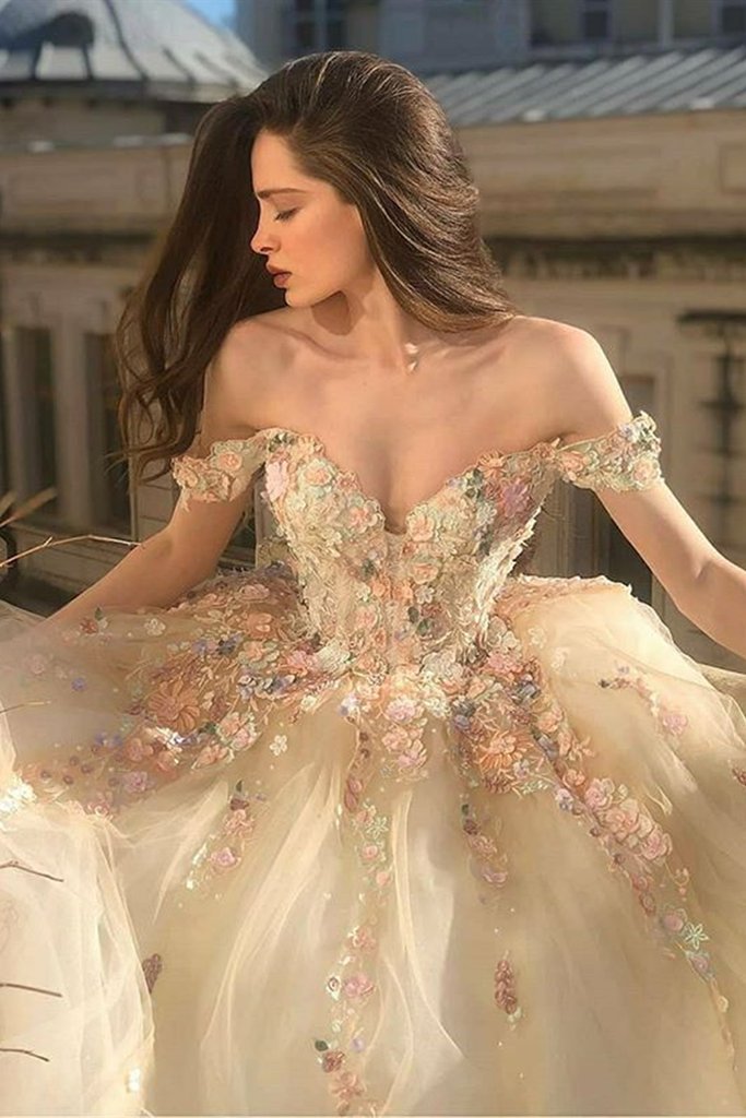 Gorgeous Off-the-Shoulder Champagne Lace Floral Prom Dress, PD2306115