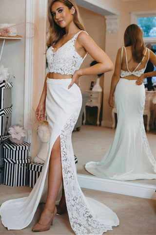 White A-Line TwoPiece Sheath Backless Lace Prom Dress Side Slit, PD23080312