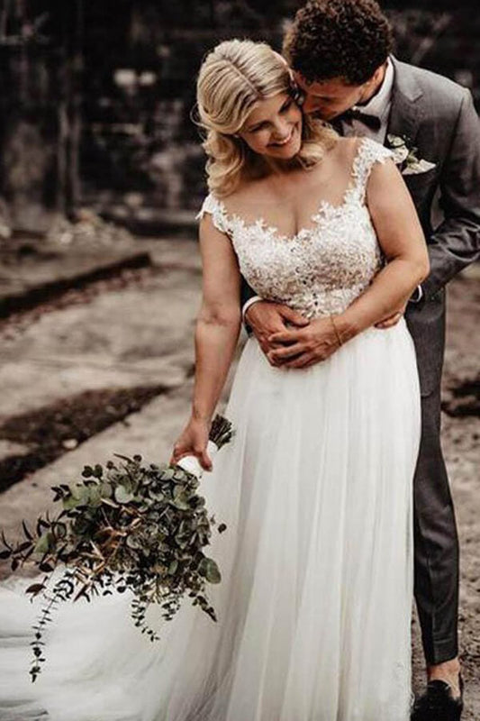 Ivory Tulle A-line Wedding Dress with Illusion Neck and Lace Appliques, WD2311035