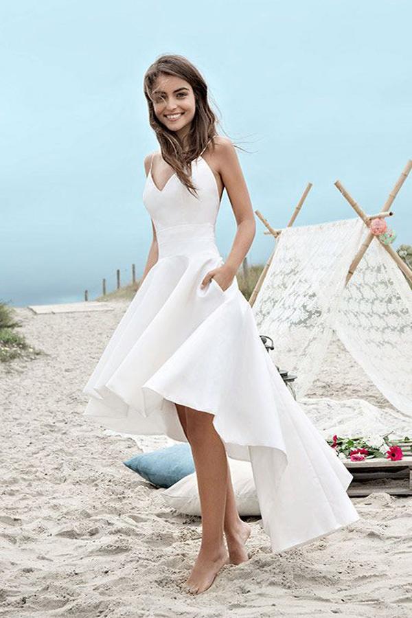 Chic White High-Low Wedding Dress with Sweetheart Neckline, Spaghetti Straps, and a Simple Design, WD2306260