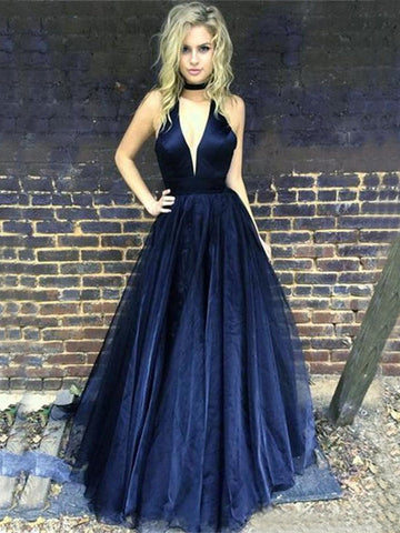 Deep V-Neck A-Line Pleated Tulle Dark Navy Prom Dress, PD2308110