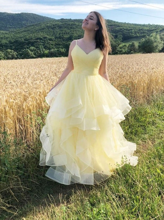 Yellow V-Neck Tulle Long Prom Dress, PD2310179