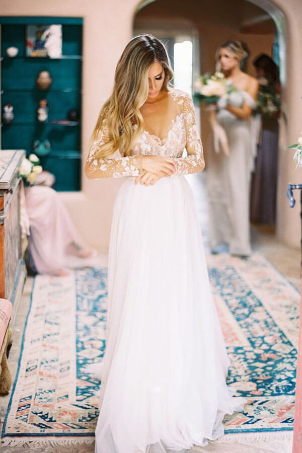Lace Backless A-Line V-neck Long Sleeves Bridal Dress, WD2401298