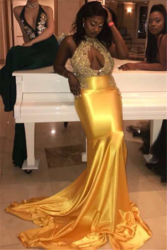 Sleeveless Halter Mermaid Satin Prom Dresses with Applique Details, PD2401269