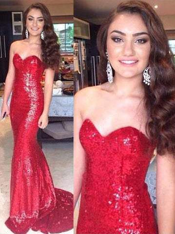 Red Sweetheart Mermaid Sequined Long Prom Dress, PD2310167