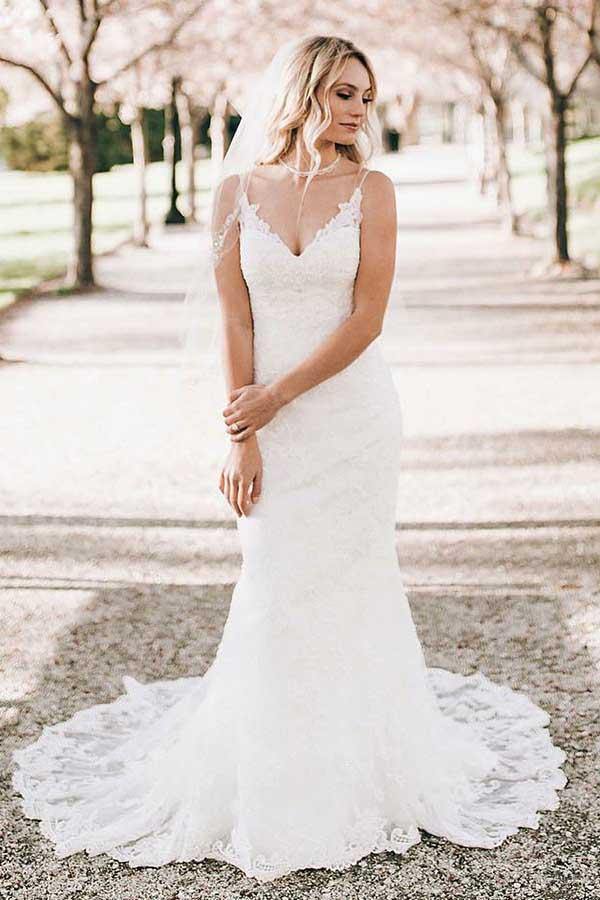 Ivory Lace Mermaid V-neck Sweep Train Wedding Dress, WD2310186