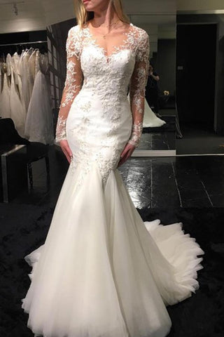 White Tulle Scoop Neck Long Sleeve Mermaid Wedding Dress, WD2306279