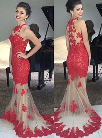 Red Sleeveless Lace Long Prom Dress, PD2310173