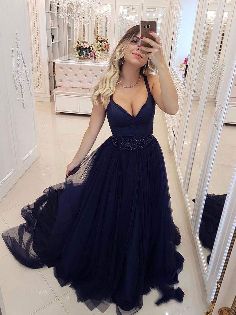 Dark Navy V-Neck Tulle Plus Size Prom Dress with Beading, PD2310105