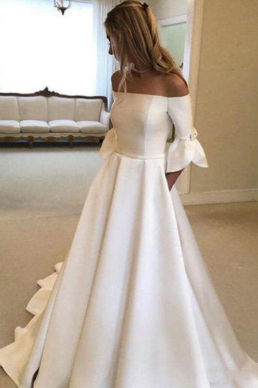 Ivory Satin A-line Sleeves Off Shoulder Wedding Dress with Pockets, WD2310196