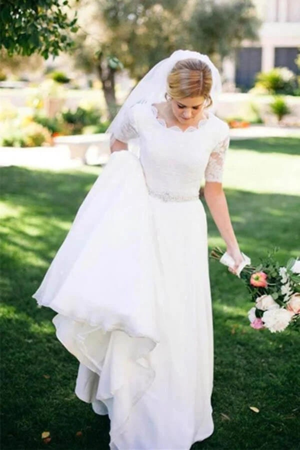 Ivory A-line Beaded Half Sleeves Bridal Wedding Dress, WD2308232