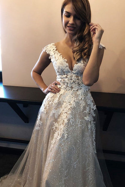 Lace A-line V-neck Sleeveless Sweep Train Bridal Gown, WD2401297