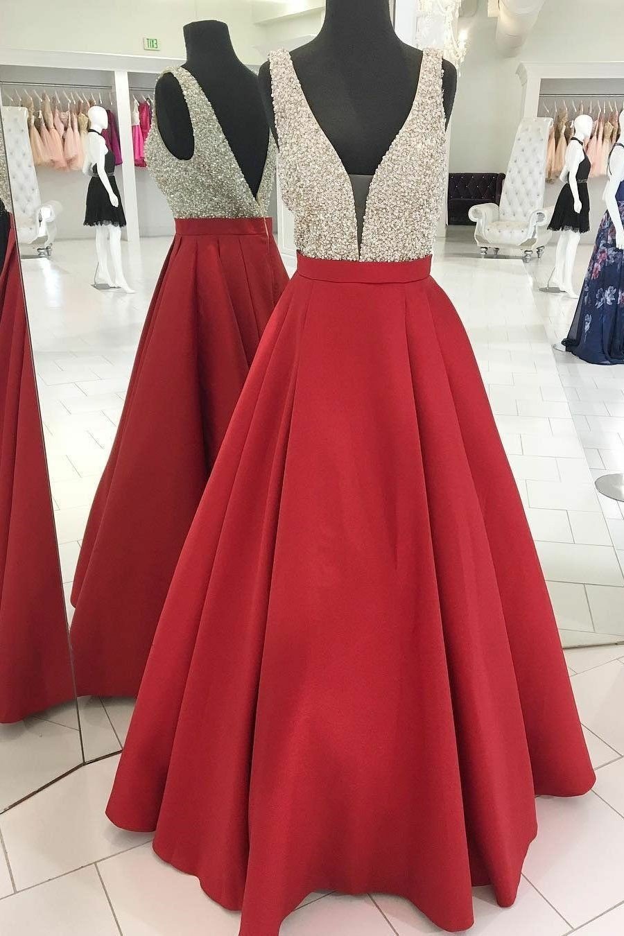 Red Backless V-Neck A-Line Satin Beaded Prom Dress, PD2308254