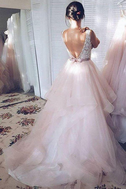 Light Pink V-Neck Tulle Ball Gown Lace Wedding Dress JLDressCA