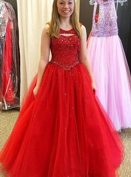 Elegant Red Round Neck Beading Tulle Prom Dress, PD2310302