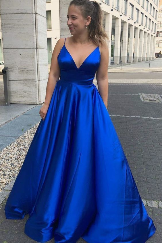 Long Empire Royal Blue A-Line Sweetheart Prom Dress, PD2306225