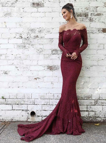 Burgundy Off-The-Shoulder Long Sleeve Lace Mermaid Court Train Prom Dresses, PD2310033