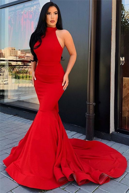 Red Satin Backless High Neck Mermaid Prom Dress, PD23050814