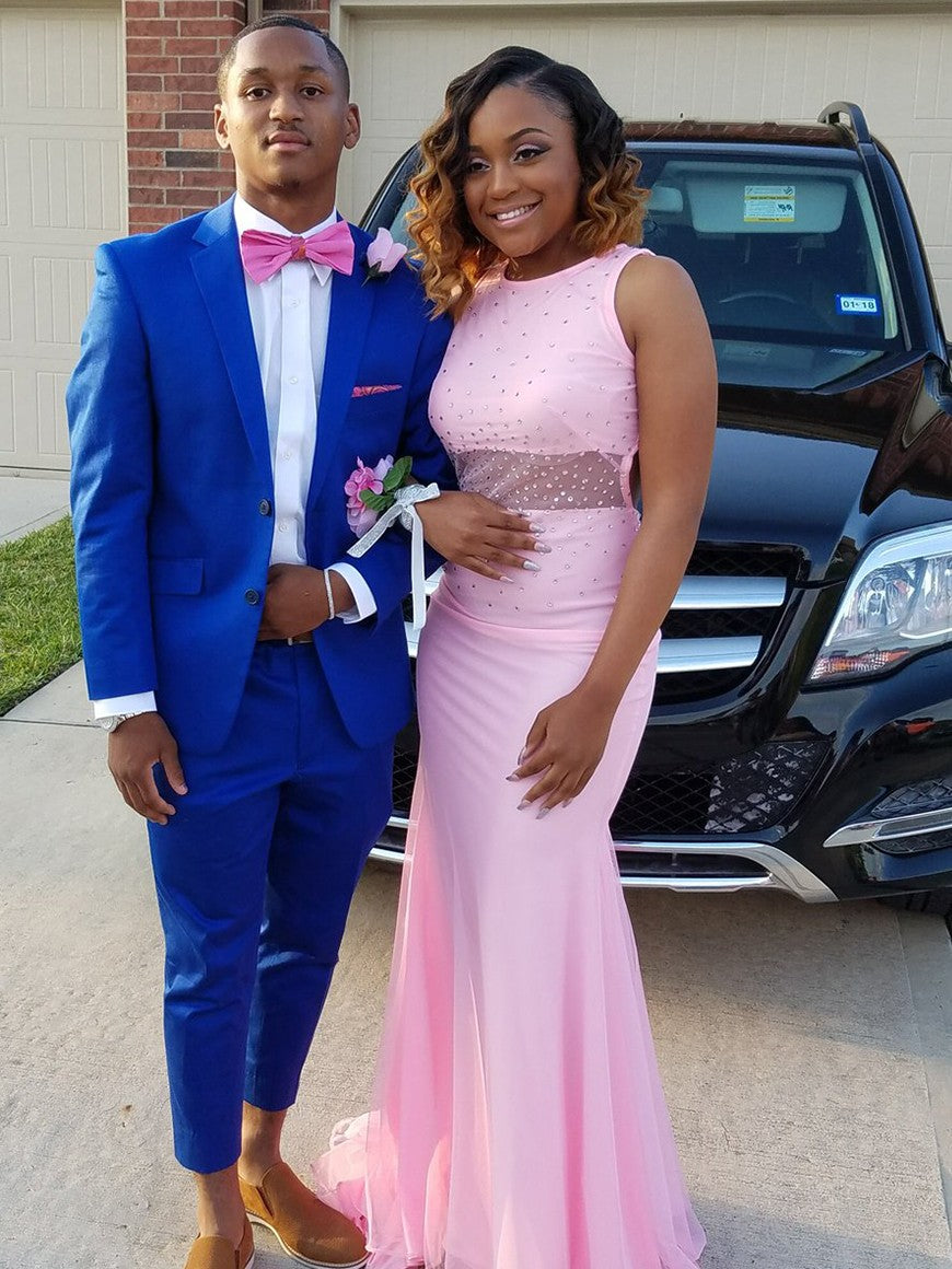 African American Pink Sheath Chiffon Beaded Prom Dress, PD2305310