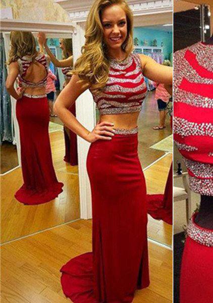 Red Sequin Stretch Satin ColumnSheath Prom Dress, PD2310166