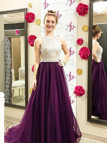 Jewel Prom Dress Sleeveless with Rhinestone Detailing, Purple Pleated Tulle in Floor Length, PD2404054