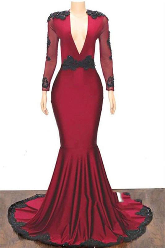 V-Neck Long Sleeve Beaded Backless Satin Mermaid Prom Dress, PD2310049