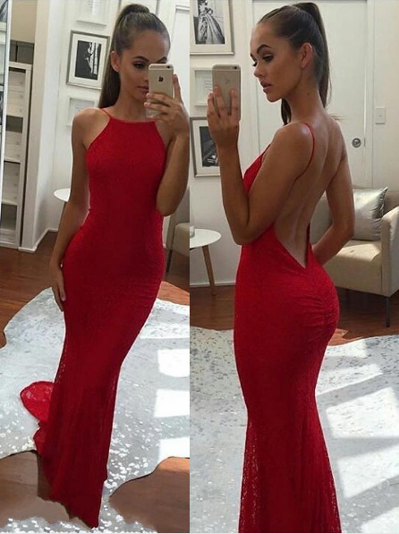 Stunning Red Backless Trumpet Mermaid Prom Dresses, PD2308096