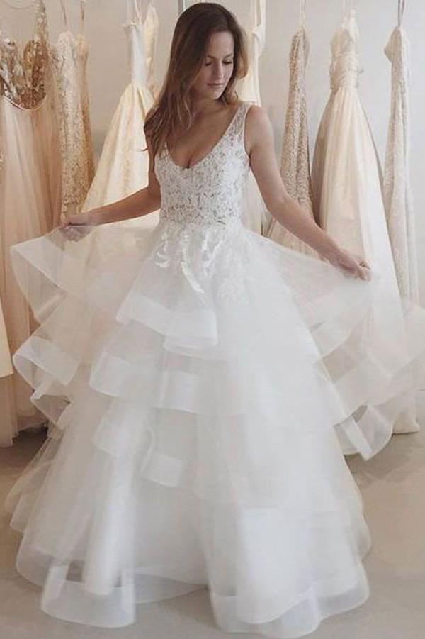 Long Ivory Organza Wedding Dress with Backless See-through Lace Applique, WD2305202