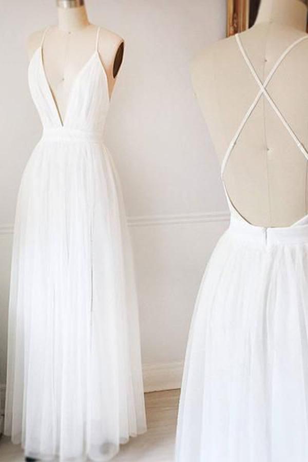 Simple White A-line Tulle V Neck Wedding Dress, WD2306272