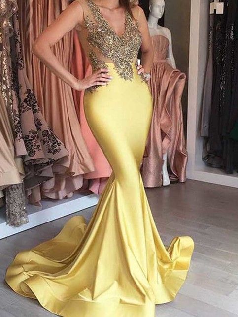 Gold Mermaid Satin Prom Dresses with Beading, PD2310125