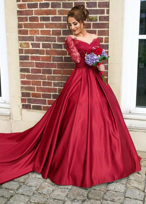 Elegant Red V-Neck Long Sleeve Beaded Satin Prom Gown, PD2311082