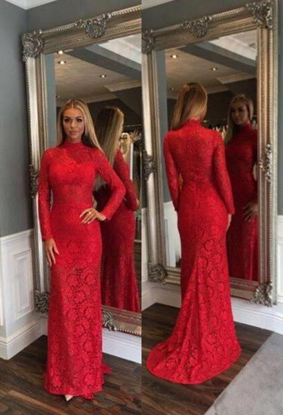 Red High Neck Long Sleeve Lace ColumnSheath Prom Dress , PD2310163