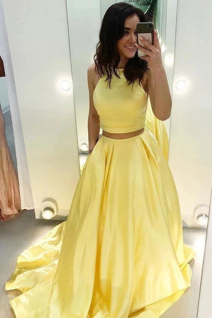 Satin Daffodil Two-Piece Long A-Line Prom Dress, PD2306211