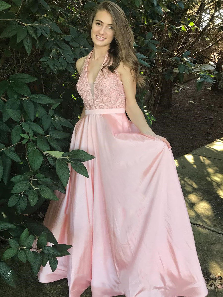 Elegant A-Line V Neck Halter Satin Pink With Appliques Backless Prom Dresses, PD2308304