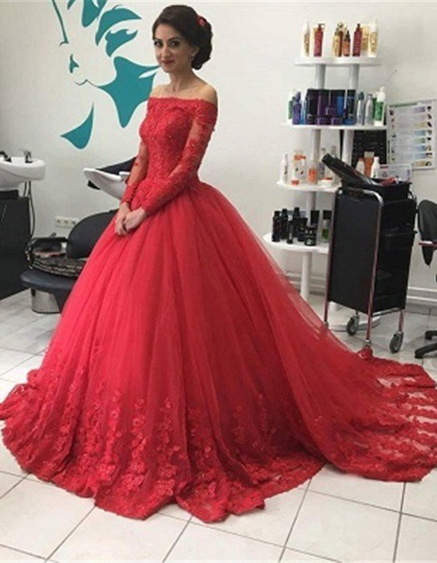 Red Off-the-Shoulder Lace Ball Gown Tulle Prom Dress, PD2310172