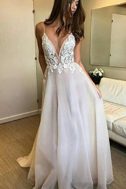Lace Appliqued Beach Wedding Dress with Deep V-neck and Spaghetti, WD2304251