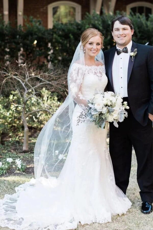 Ivory Lace Mermaid Off-the-Shoulder Long Sleeves Wedding Dress, WD2310183