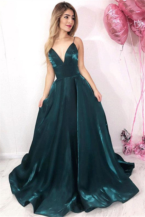 Dark Green A-Line V-Neck Spaghetti Straps Satin Prom Dresses, PD2310123