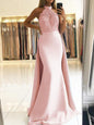 Exquisite Long Pink Mermaid Satin Lace Appliques Halter Prom Dress, PD2401302